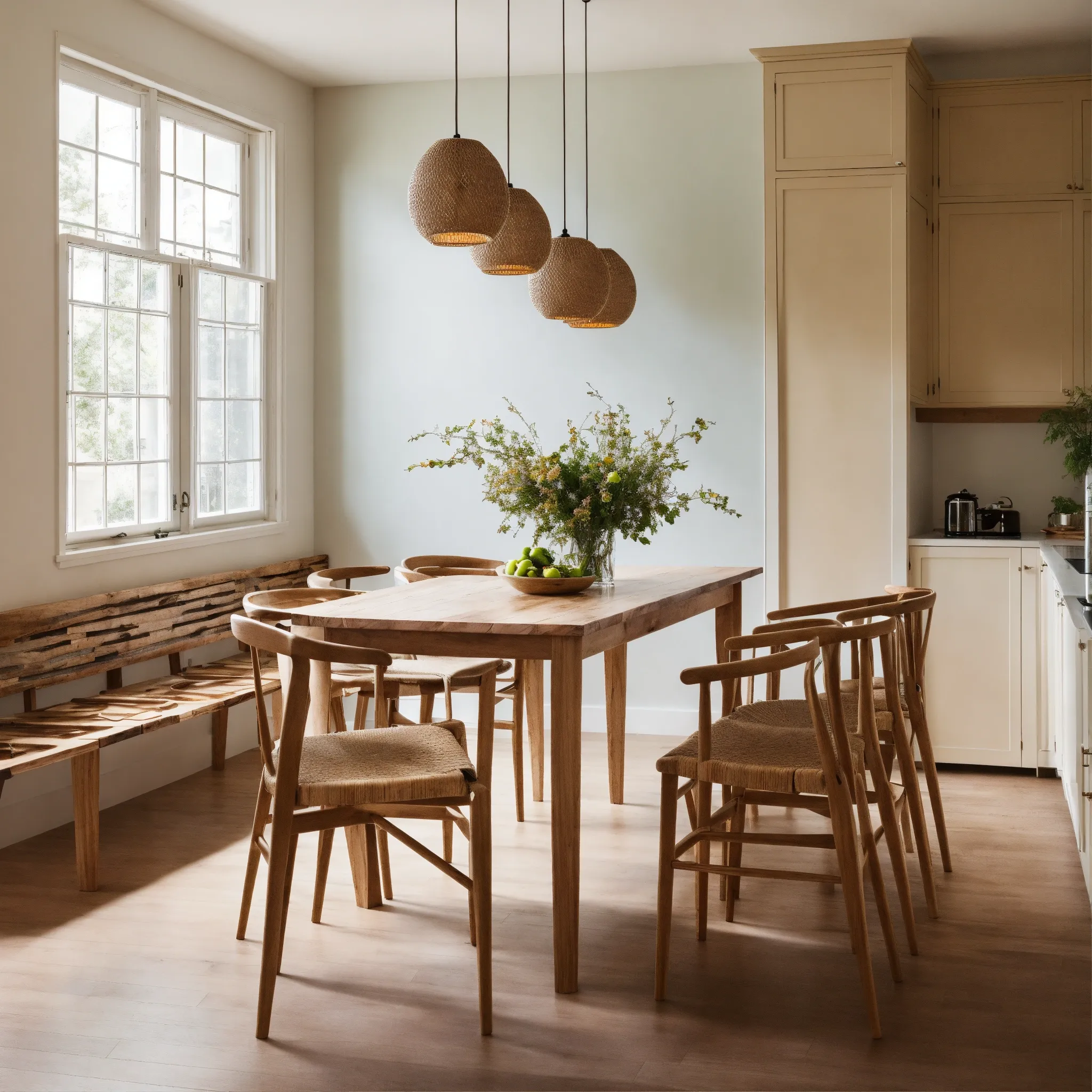 Küche mit Holz-Arbeitsplatte und Barhockern